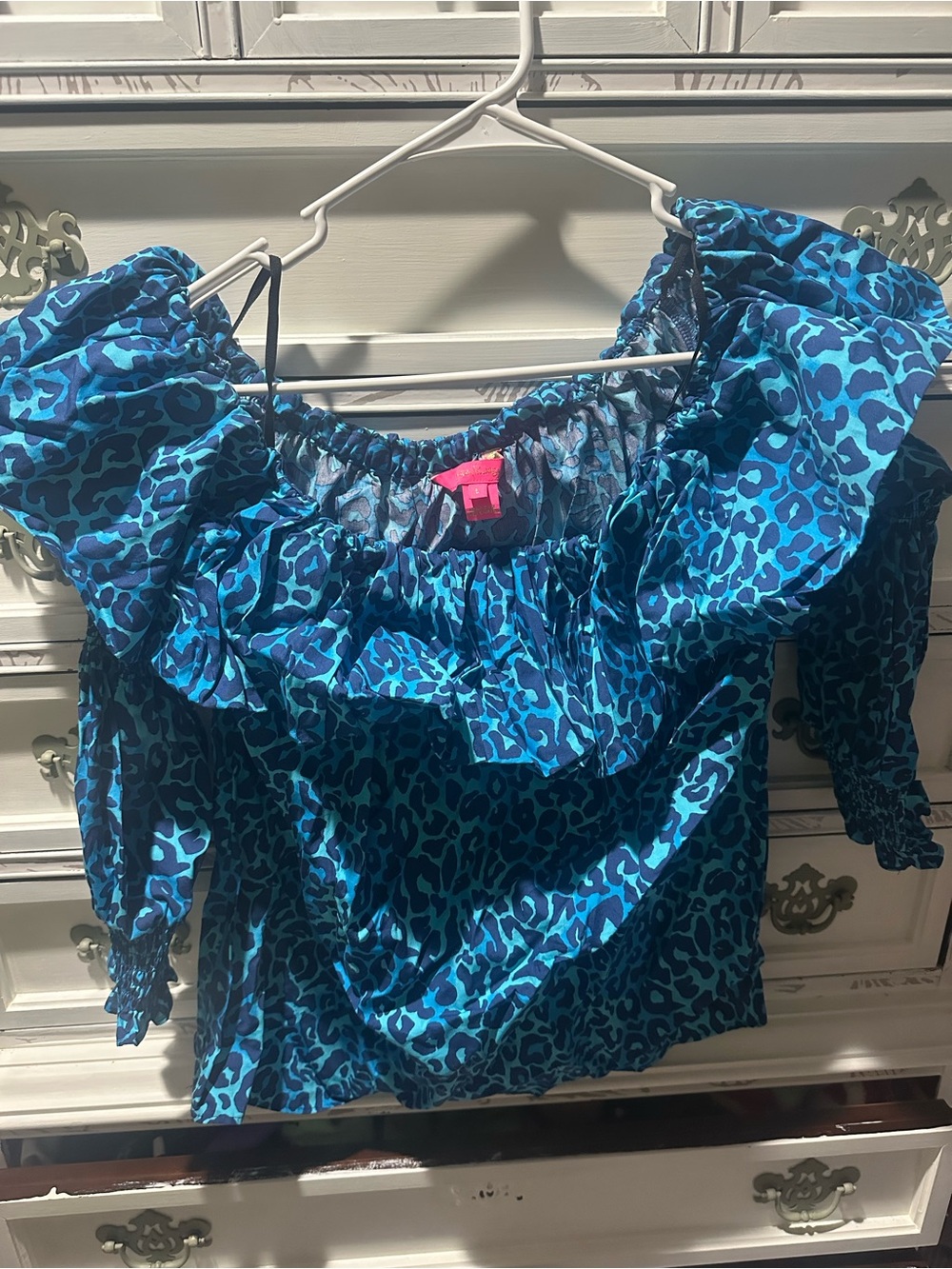 Lilly Pulitzer Blue Leopard Off Shoulder Ruffle Top Size Large